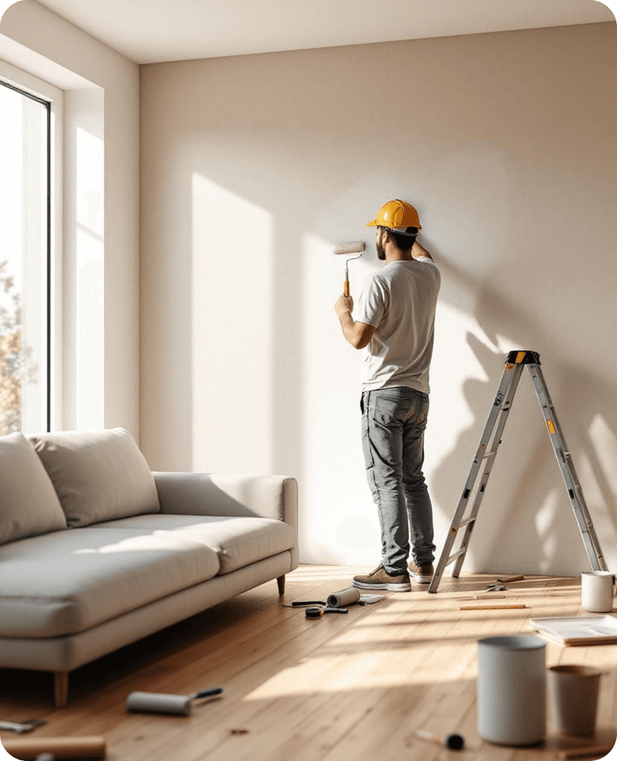 Profesional pintando una pared en una sala